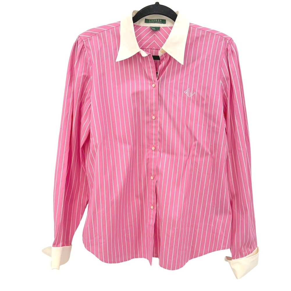 NWT Vtg Lauren Ralph Lauren Pink White Striped Contrast Collar Shirt 90s Women L